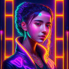 Neon-lit digital artwork of a woman in vibrant colors