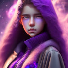 Voluminous Purple Hair & Blue Eyes Portrait Against Cosmic Background