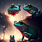 Stylized frogs on rock with vivid sunset