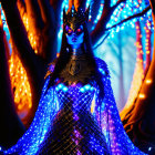 Person in Blue Fantasy Costume in Enchanted Forest with Twinkling Lights