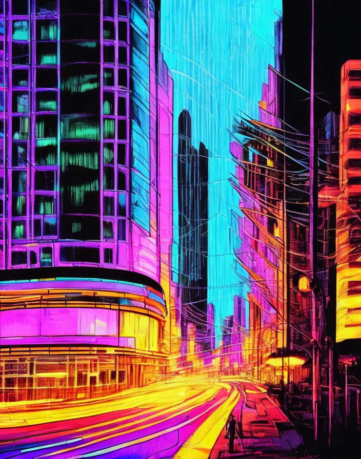 Vibrant neon-lit cityscape with cyclist in pink and blue hues