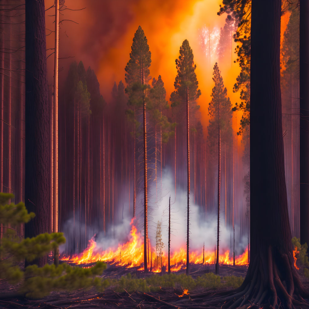 Intense forest fire among tall trees under orange sky