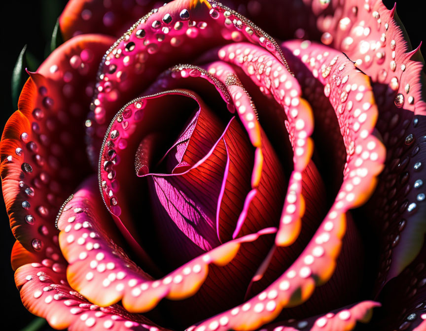 Vibrant rose with water droplets in rich red and purple hues