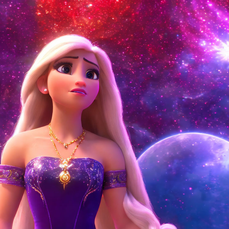 Blonde Princess in Purple Dress with Cosmic Background