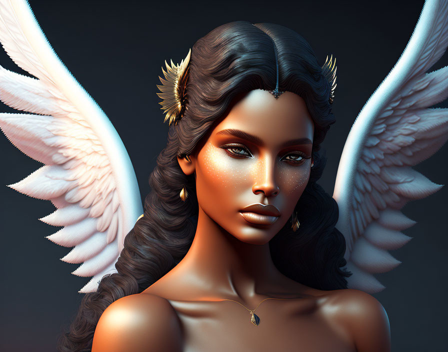 Dark-skinned woman with golden accessories and white wings in mystical digital art.