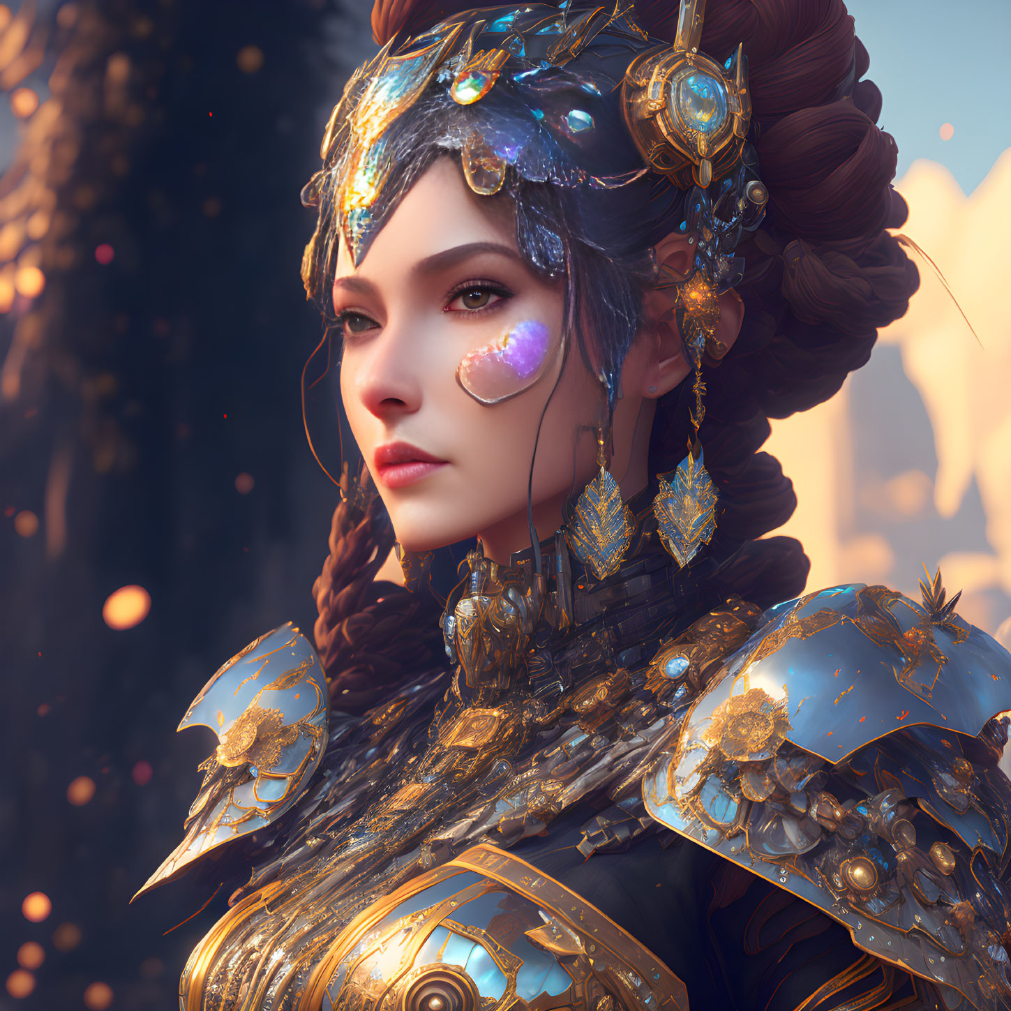 Digital artwork: Woman in ornate armor & headdress with metallic details & glowing accents on fiery backdrop