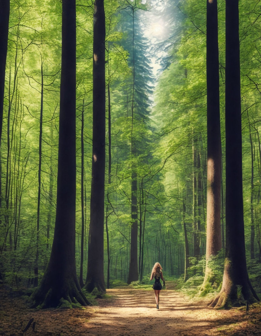 Person walking on forest path under tall trees with sunlight filtering through foliage