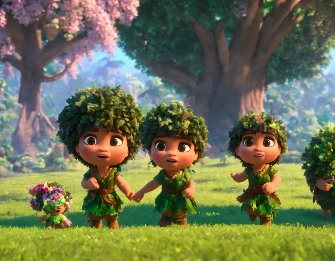 Four leafy characters in a sunlit forest: animated and curious.