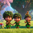 Four leafy characters in a sunlit forest: animated and curious.