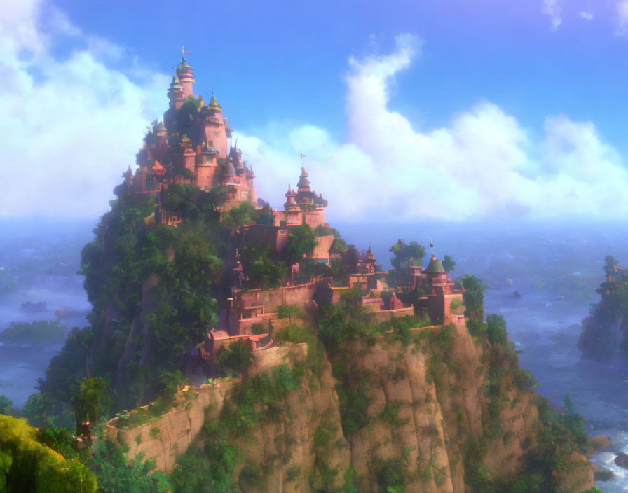 Majestic fantasy castle on cliff in misty landscape