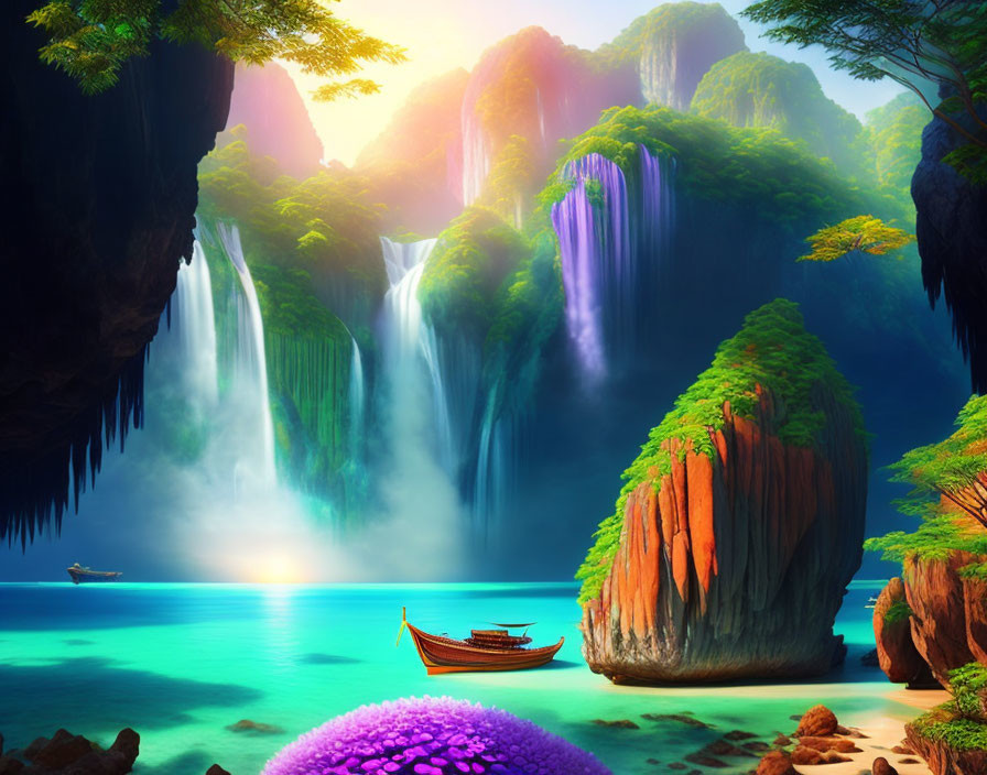 Serene tropical landscape with waterfalls, lagoon, and boat