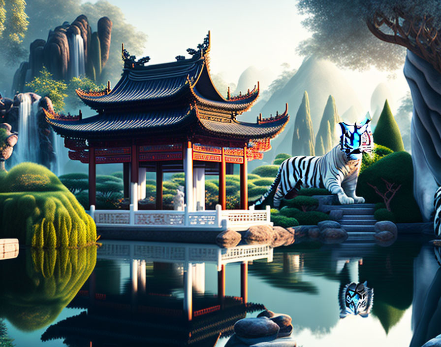 Traditional Pagoda and White Tiger in Oriental Garden