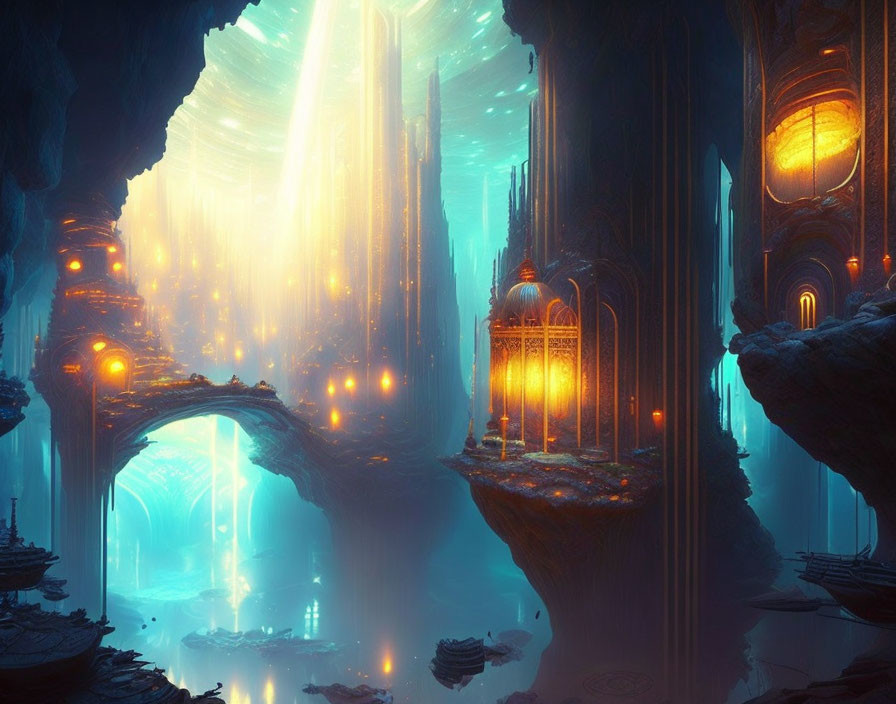 Mystical Subterranean City with Glowing Lights and Towering Structures