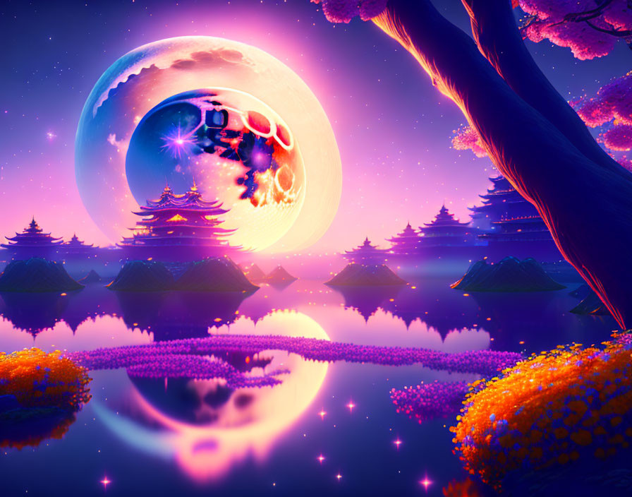 Fantasy landscape with pink trees, pagodas, moon, stars, and reflective lake