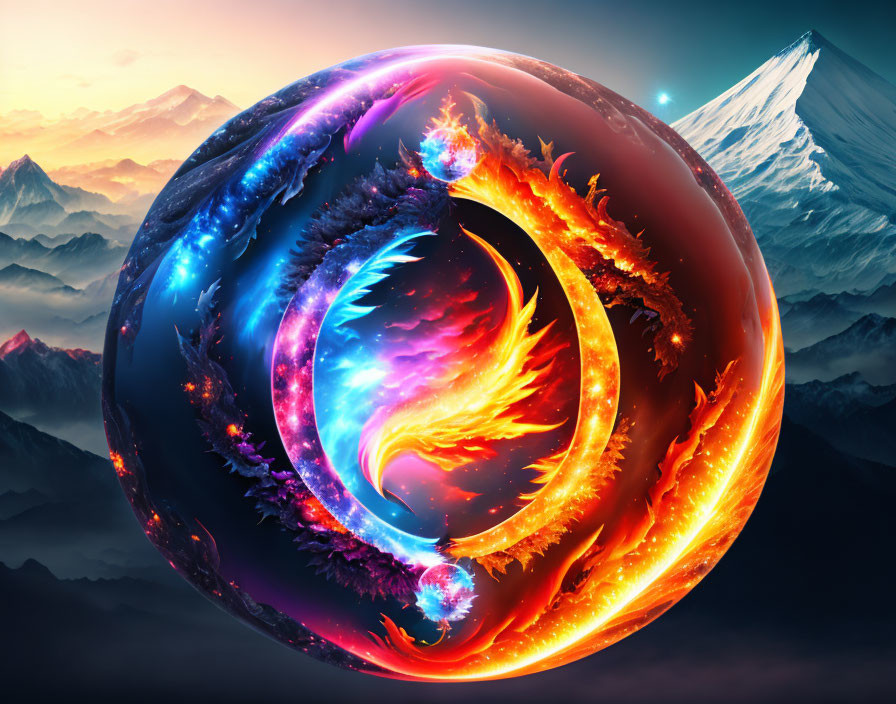 Yin-Yang Symbol with Cosmic and Fiery Elements in Snowy Mountain Setting