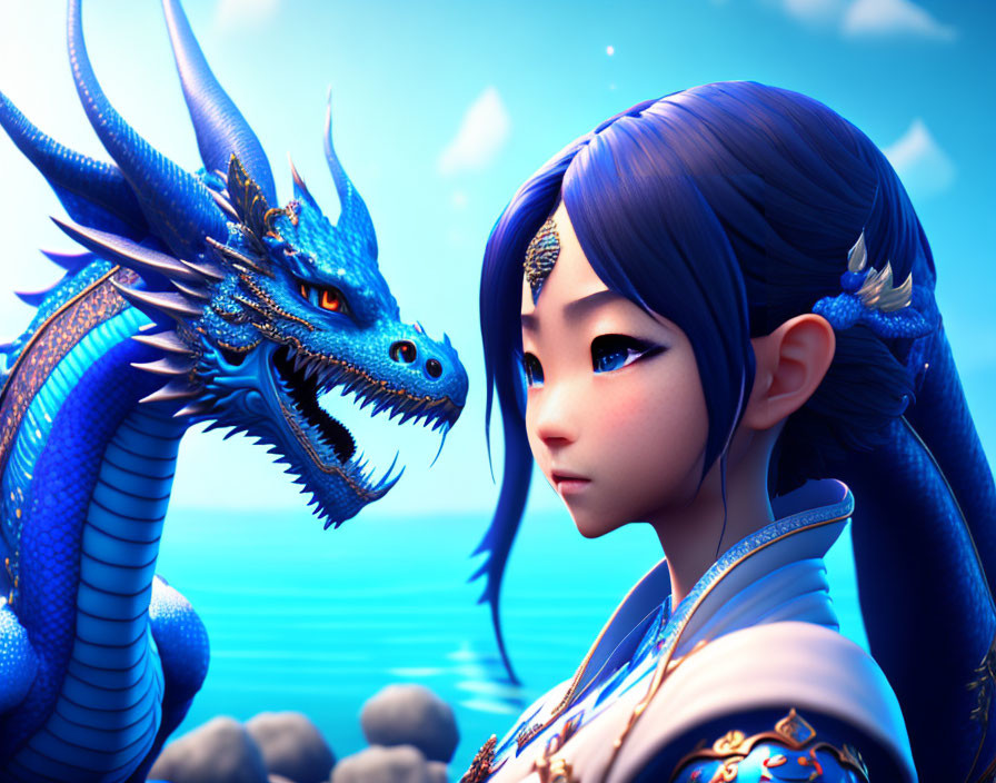 Blue-haired girl in traditional attire with blue dragon in blue sky.