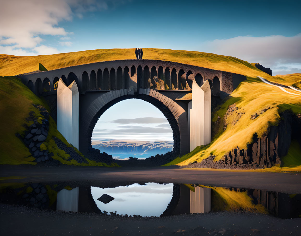 Stone arched bridge over water with reflection, green hills, two people, cloudy sky