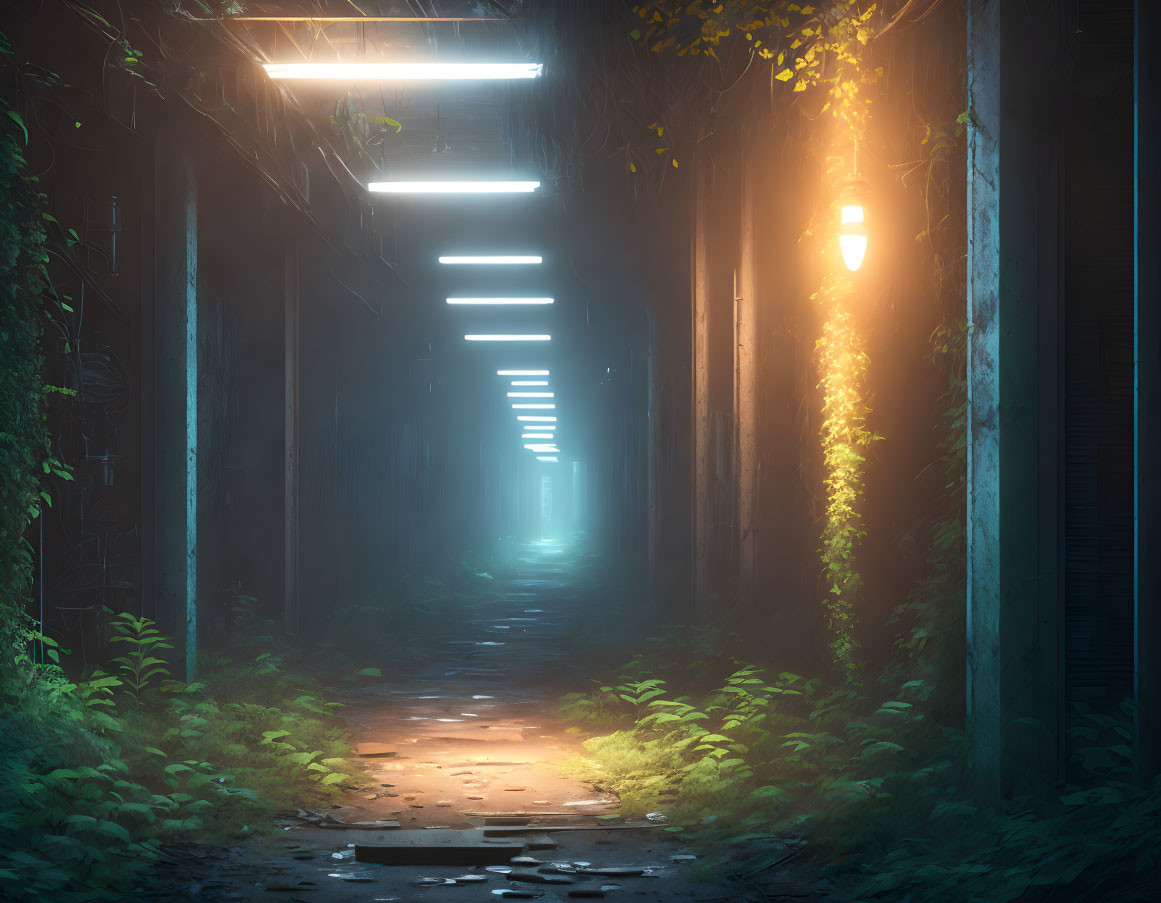 Overgrown foliage in atmospheric alley with hanging lights