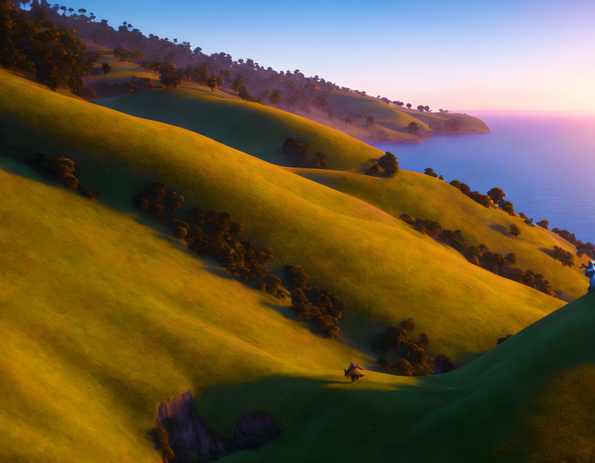 Sunset over rolling green hills near water with shadowed landscape.