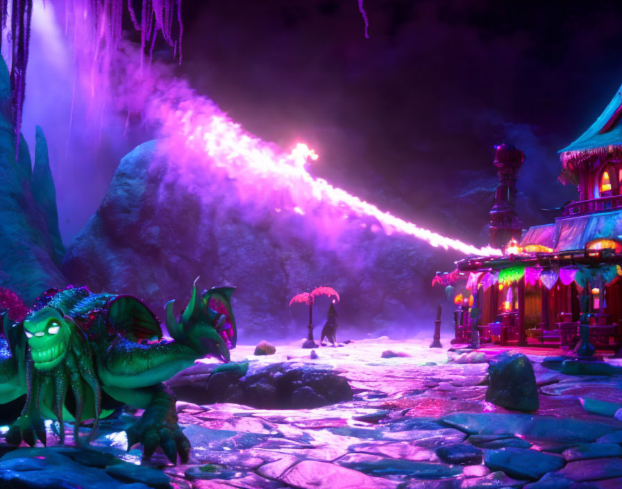 Fantastical creature breathing purple fire near whimsical cottage under mystical night sky