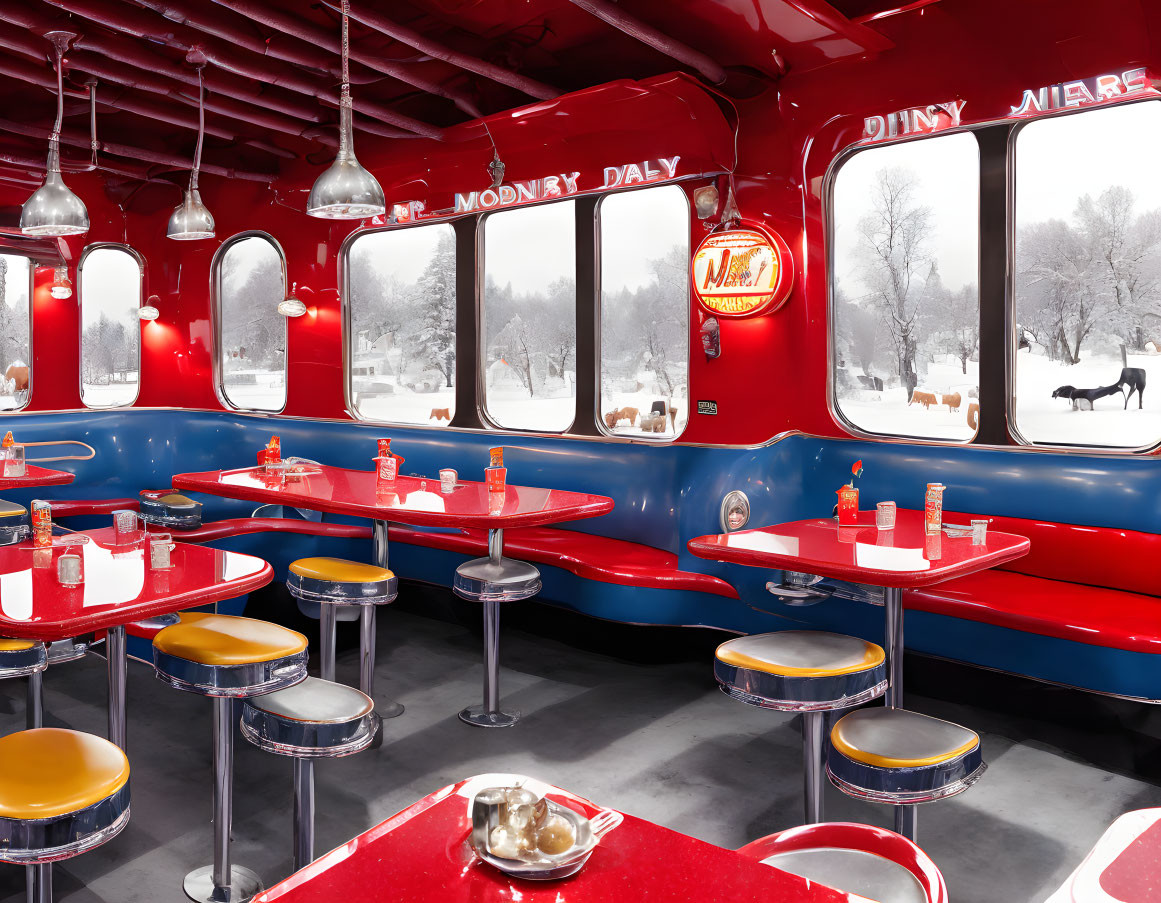 Vintage Diner Interior with Red & Blue Booths and Snowy Window View