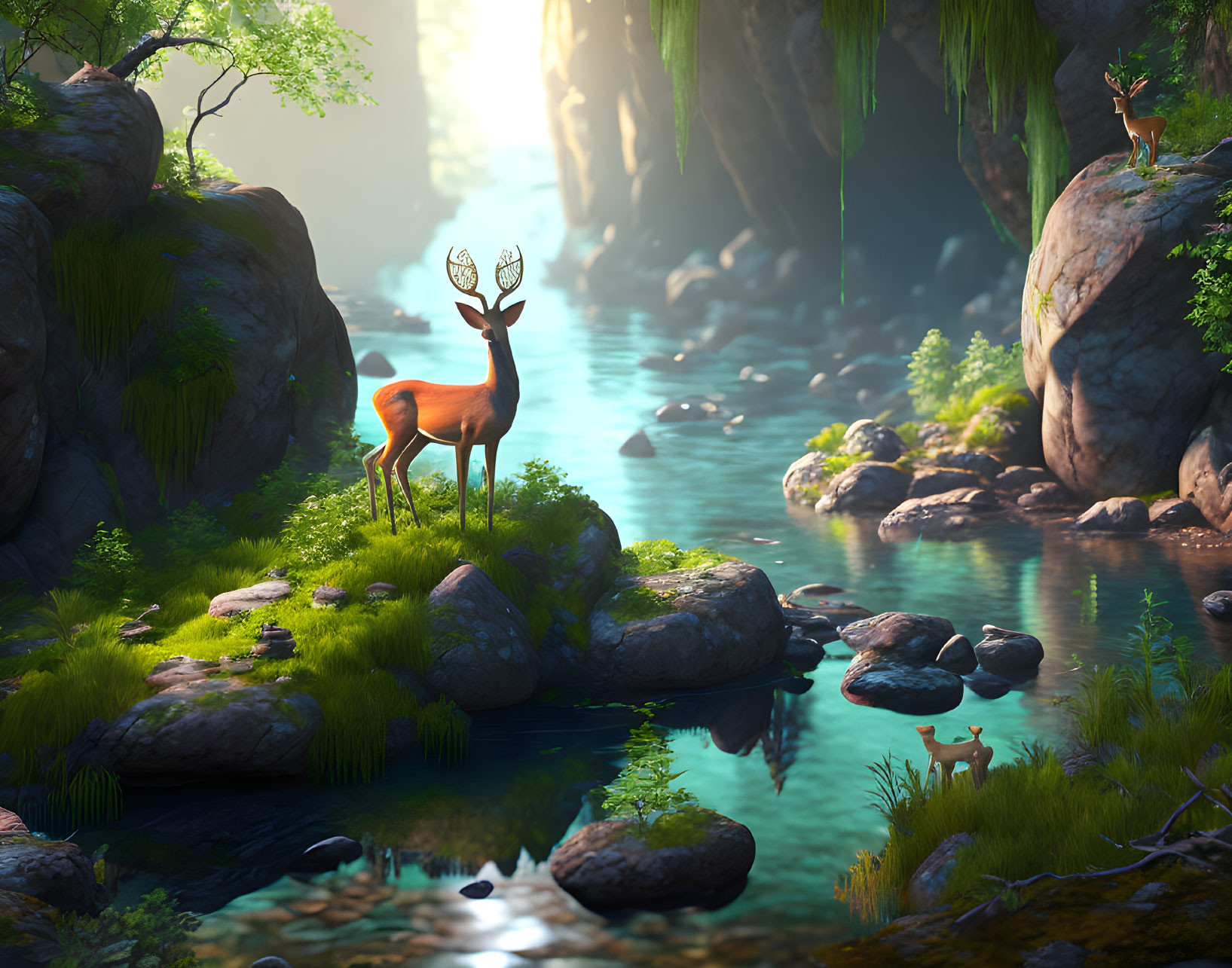 Majestic stag on rock in serene forest with deer in background