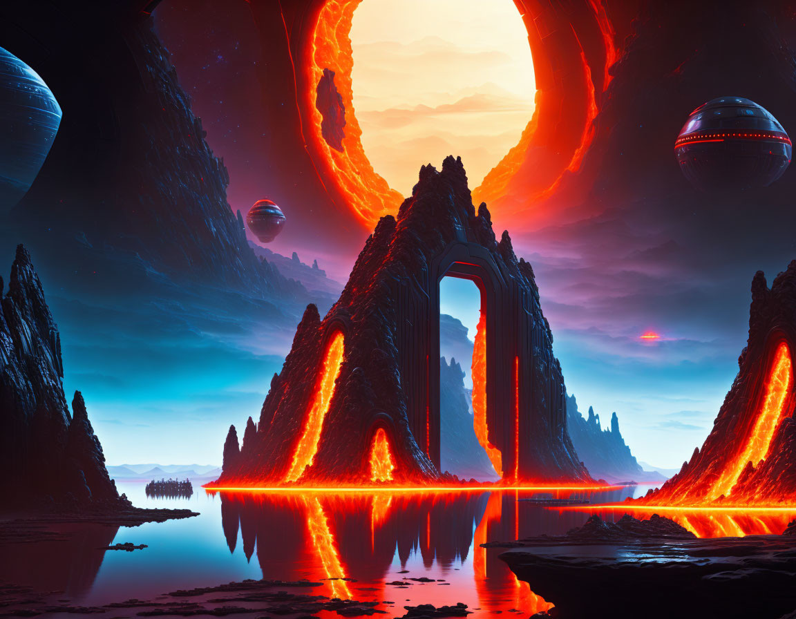 Surreal sci-fi landscape with glowing lava river, rock formation, planets, red nebula,