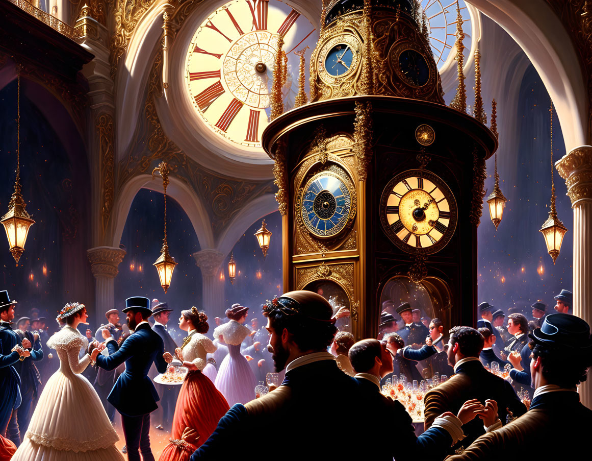 Formal ballroom scene with elegant dancers under grand ornate clocks