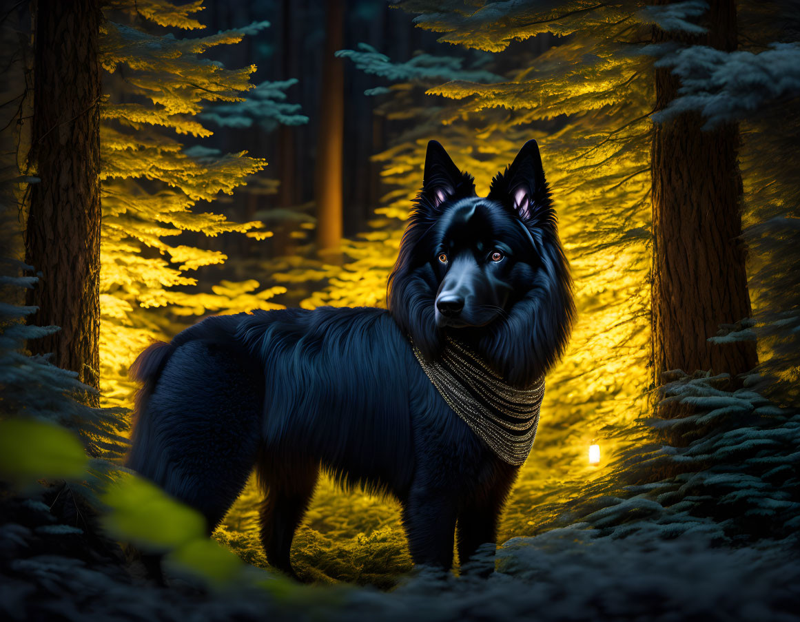 Black Dog with Blue Eyes in Mystical Forest with Golden Light