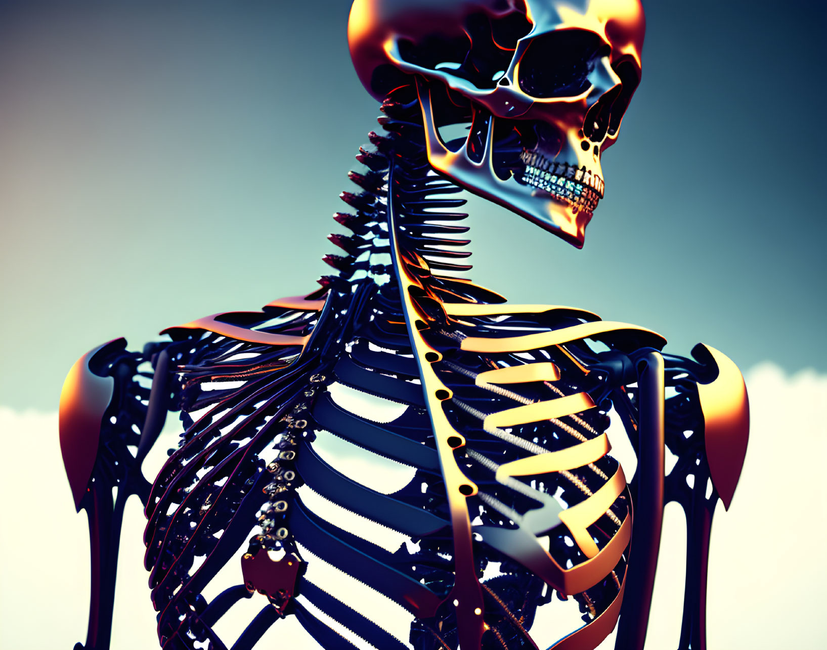 Stylized metallic skeleton with gold-tinted skull in 3D rendering