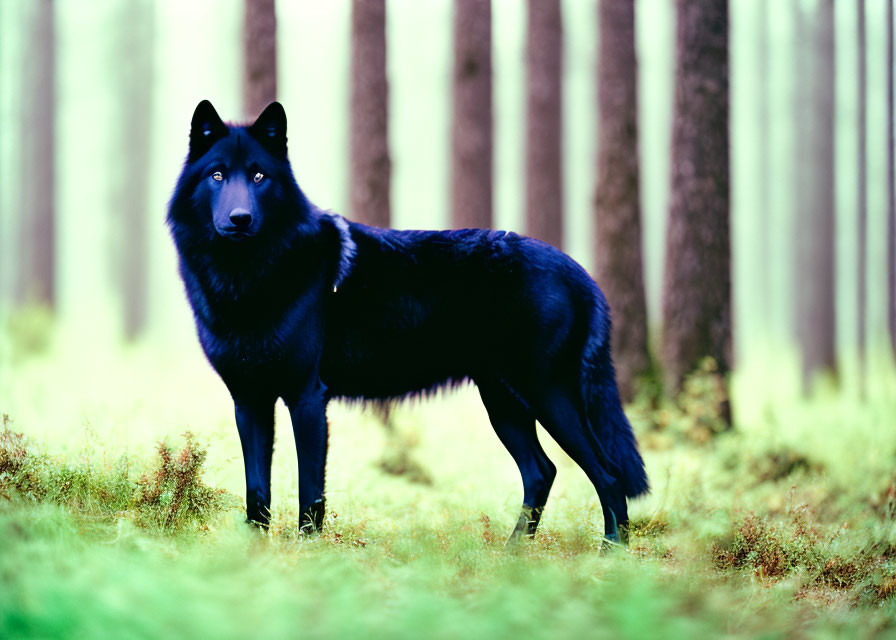 Black Dog with Blue Eyes in Misty Forest with Tall Trees