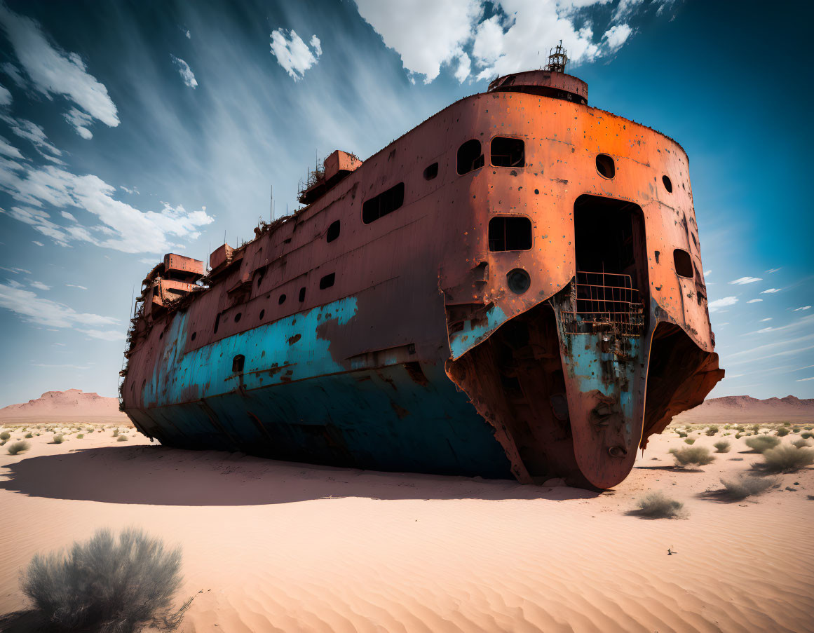 Abandoned shipwreck in desert with dramatic sky contrast