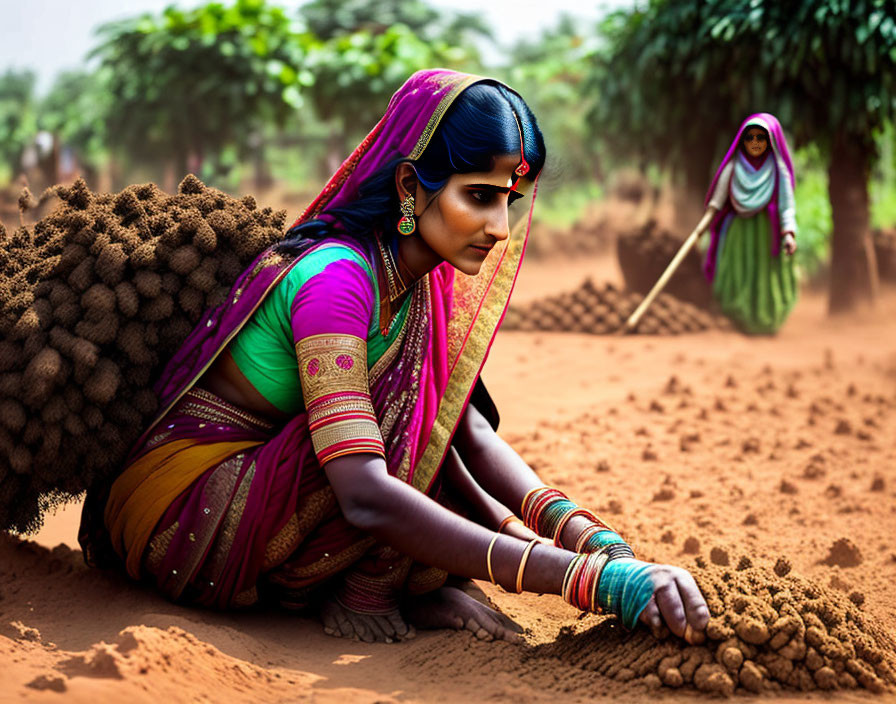 Two women in vibrant Indian attire working on rural farm