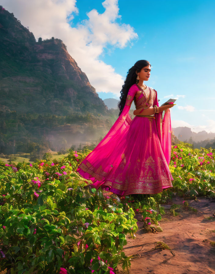 Vibrant pink traditional attire woman in blooming flower field with mountains and soft sky