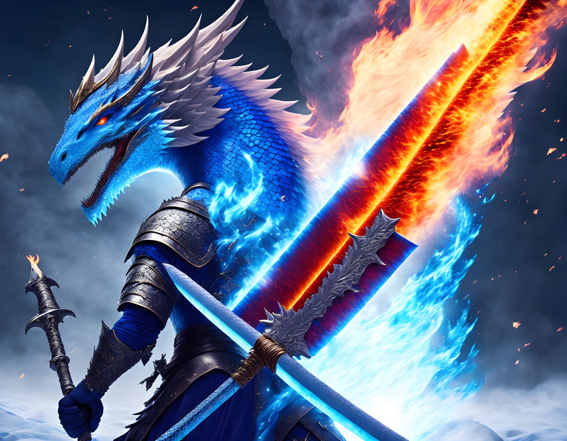 Blue knight with sword and shield faces blue dragon breathing fire in stormy sky