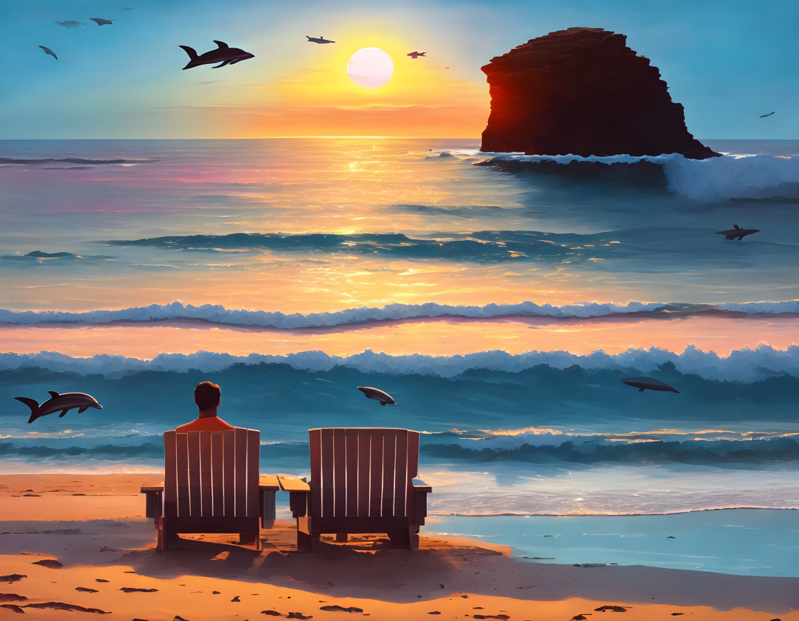 Sunset beach scene with Adirondack chairs, ocean waves, rock formation, and birds