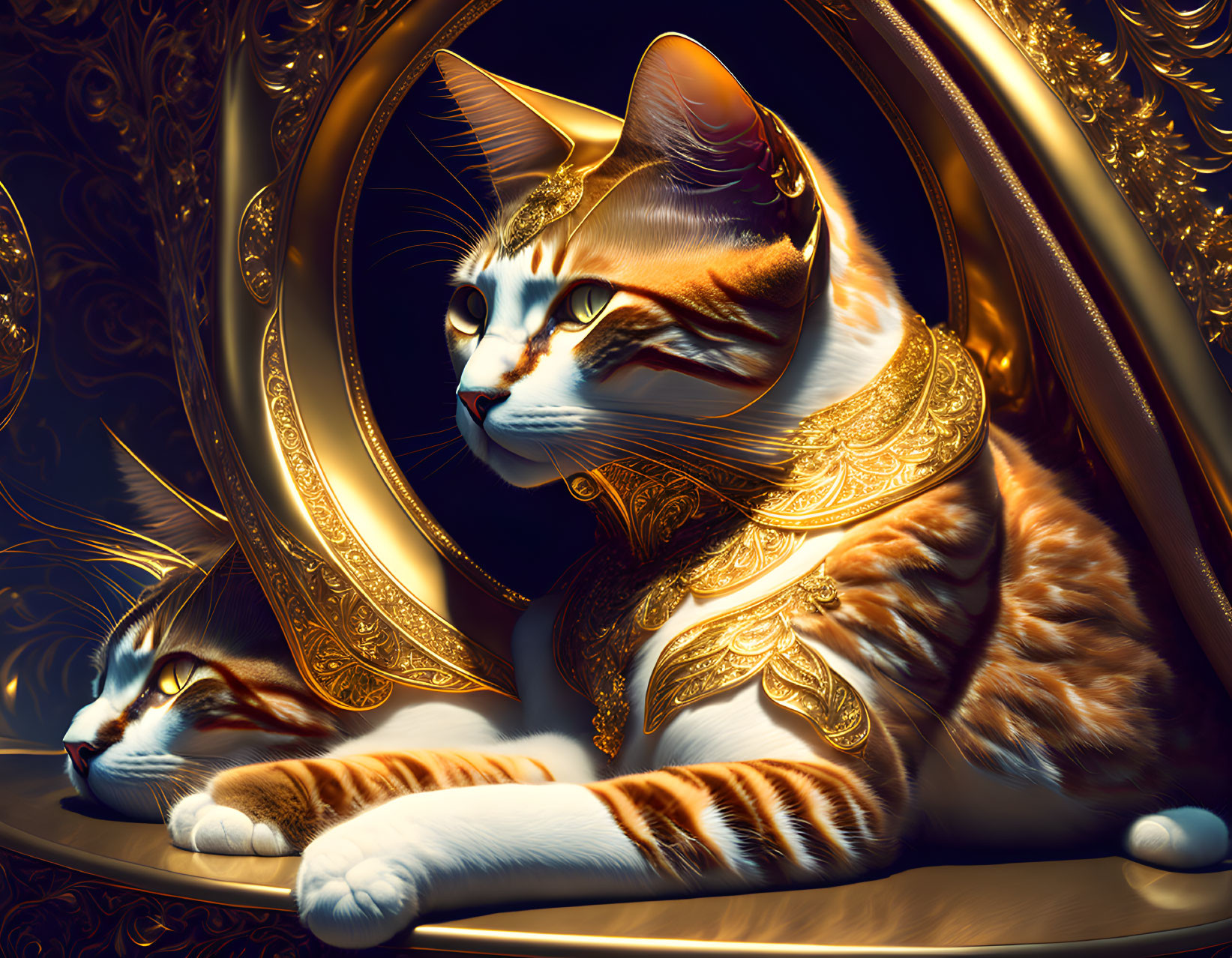 Regal cats portrait with golden adornments on dark baroque background