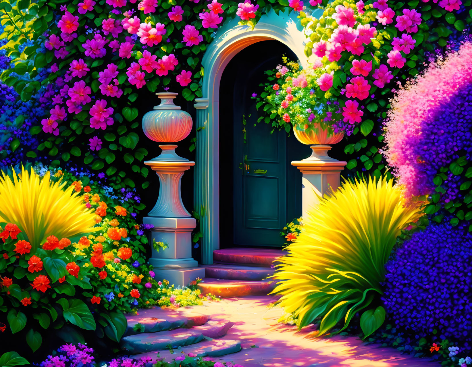 Colorful garden pathway with arched doorway and lush flowers under clear sky