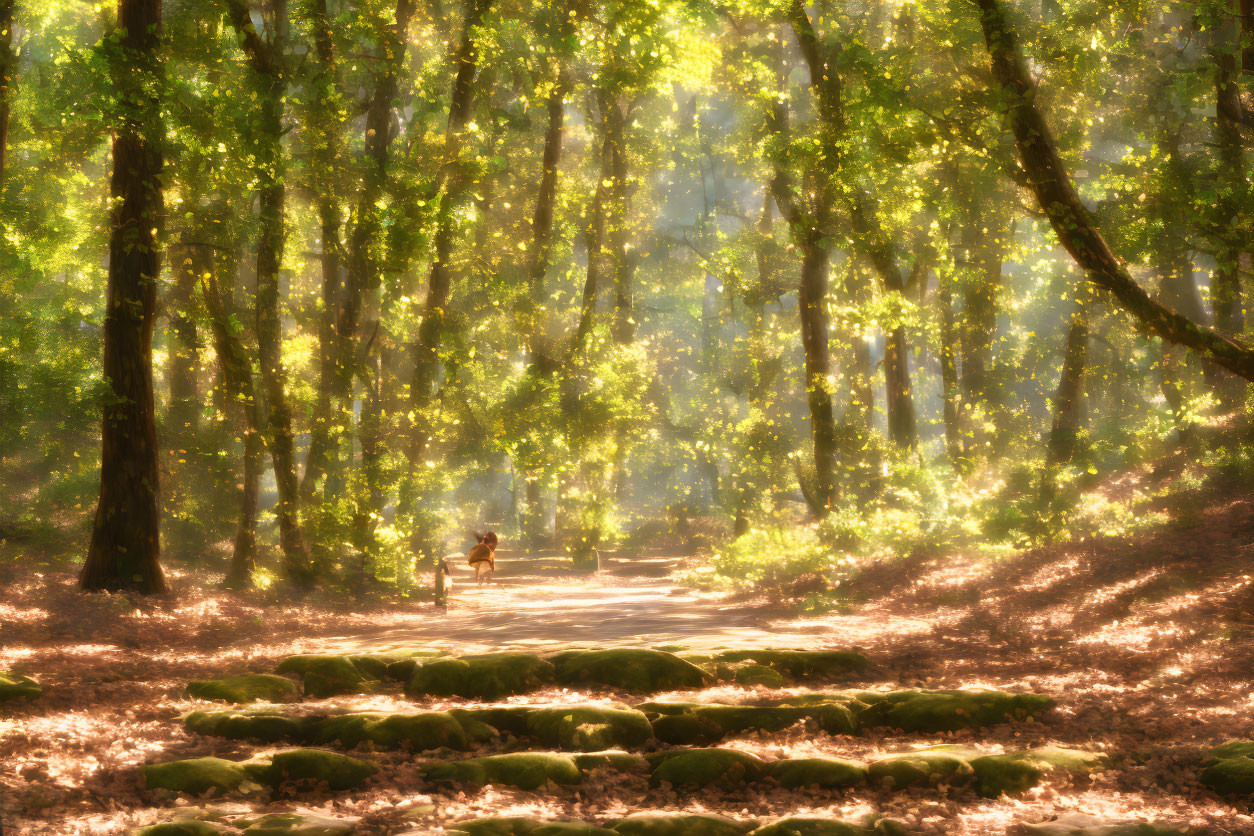 Tranquil forest path with sunlight filtering through green foliage and person jogging.