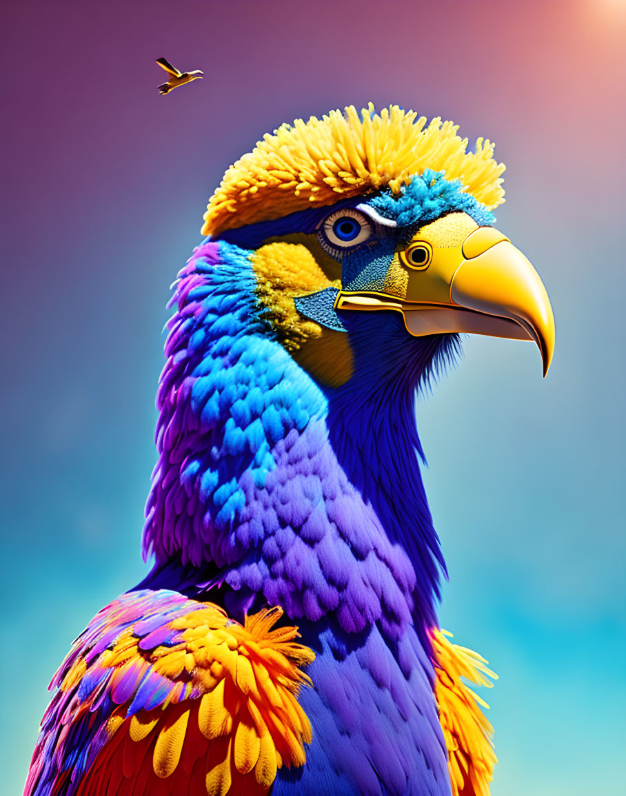 Colorful digital artwork featuring eagle and bird in sunset sky