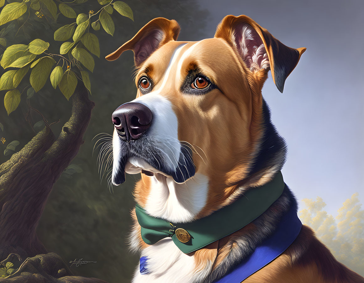 Detailed Brown and White Dog with Green Collar in Natural Setting