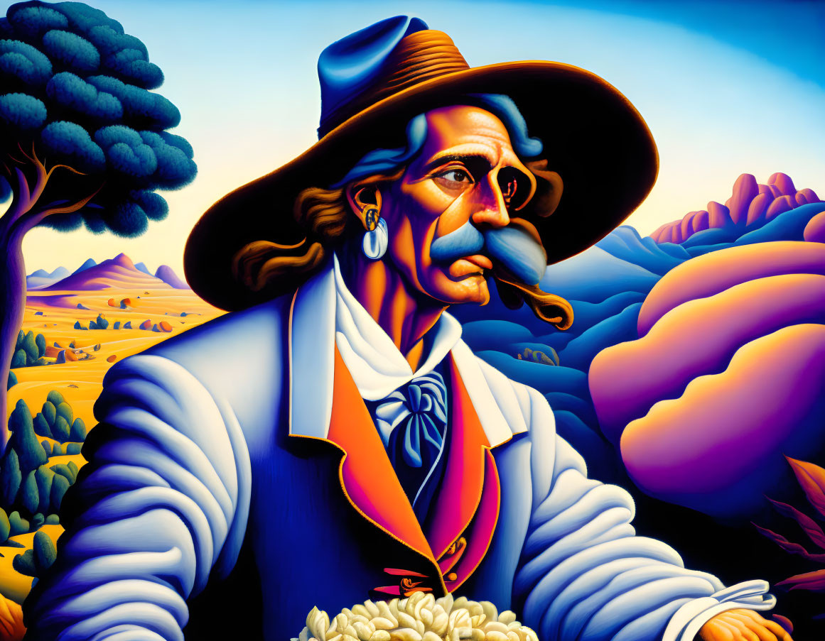 Colorful Painting of Person with Exaggerated Features and Hat Smoking