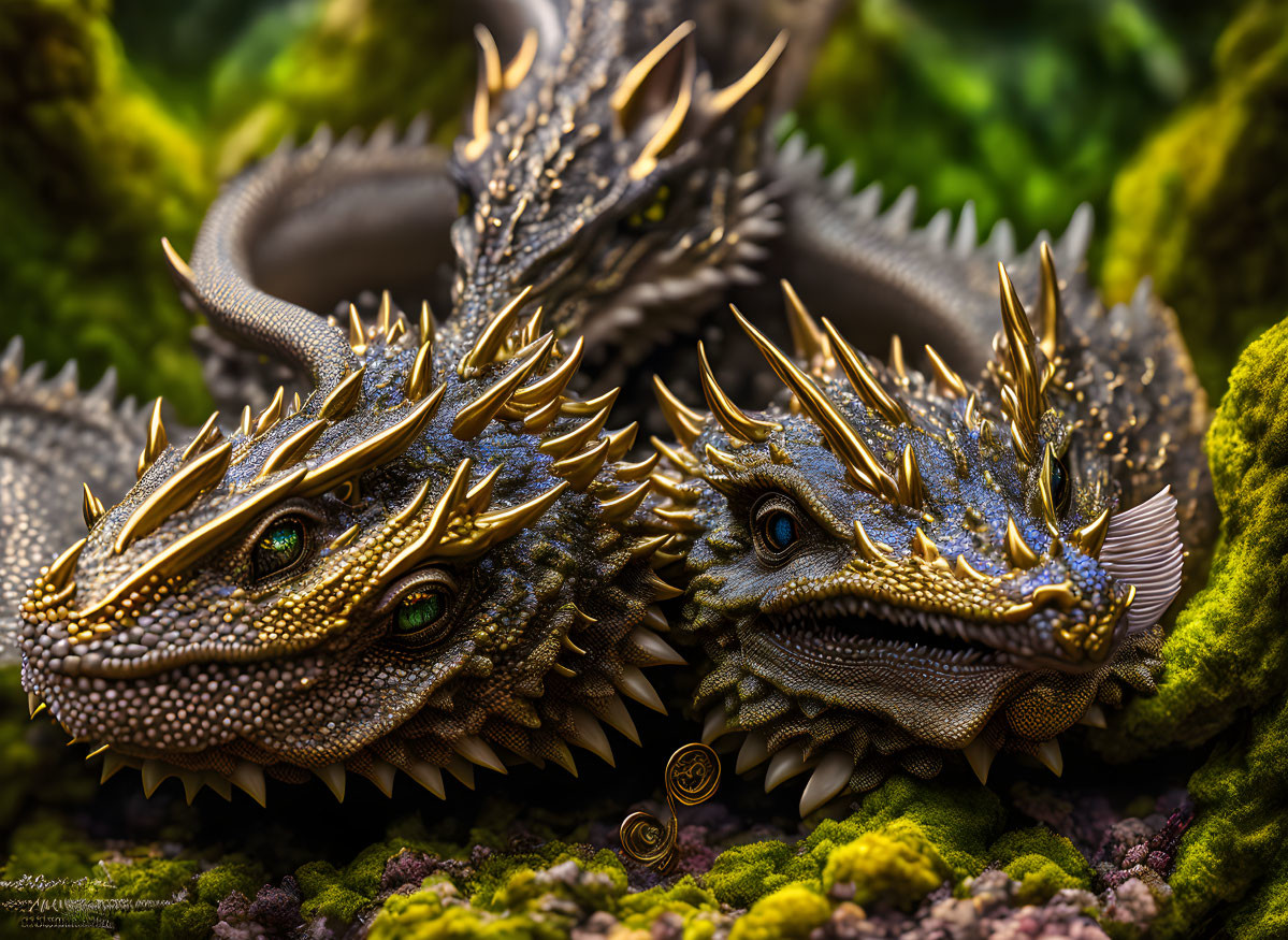 Detailed Dragon Figurines with Golden Horns and Moss Surroundings