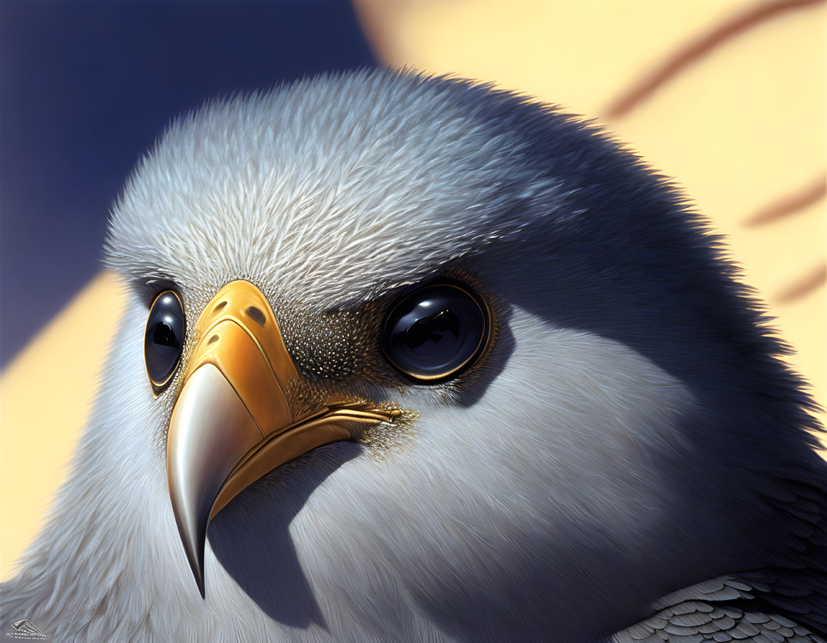 Detailed eagle head with sharp beak and piercing eye against blue and yellow background