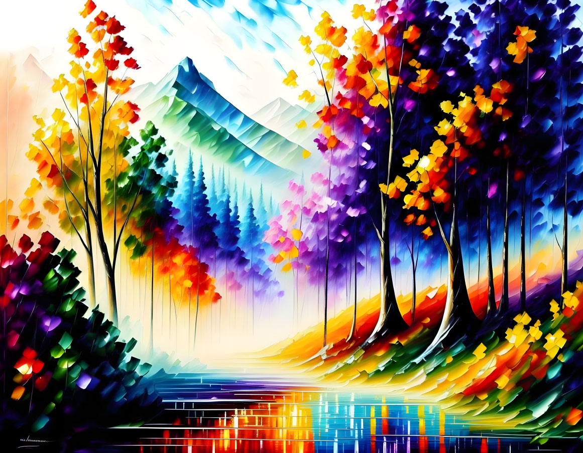 Colorful Abstract Autumn Trees Painting with Mountain and Water Reflection