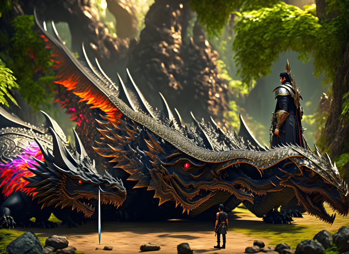 Knight battles warrior on multi-headed dragon in sunlit forest