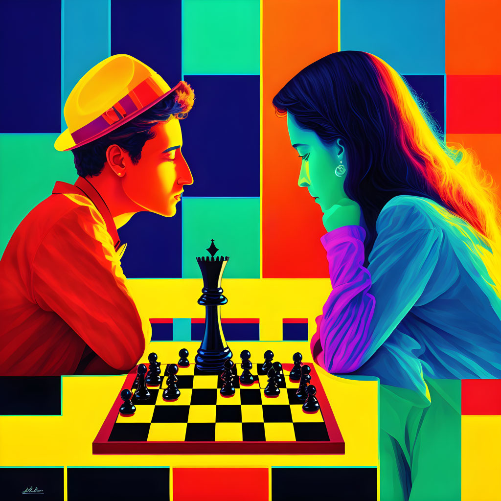 Stylized figures on chessboard with vibrant, multi-colored background