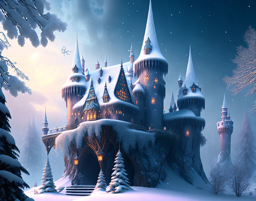 Snowy Fantasy Castle with Glowing Windows & Pointed Towers