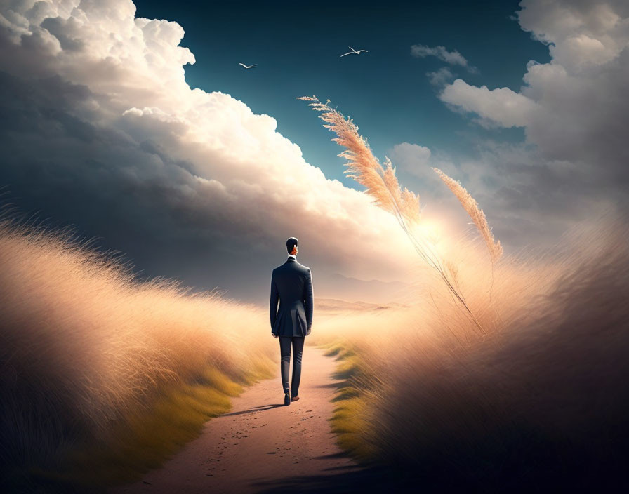 Man in suit surrounded by golden grasses in surreal landscape