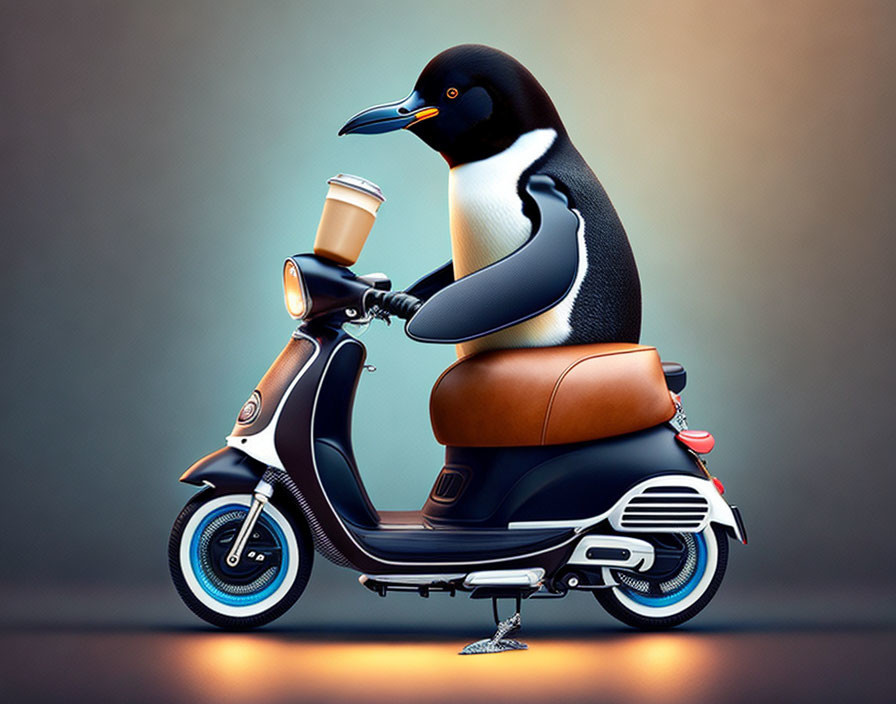 Stylized penguin with coffee cup by classic scooter